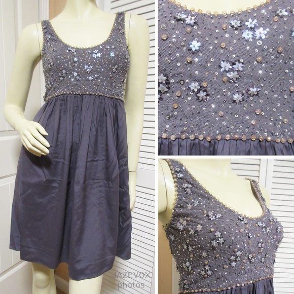 Rebecca Taylor Beaded Sequin Silk Cocktail Dress 6 Silver Gray Party Glam Femme - Picture 1 of 8